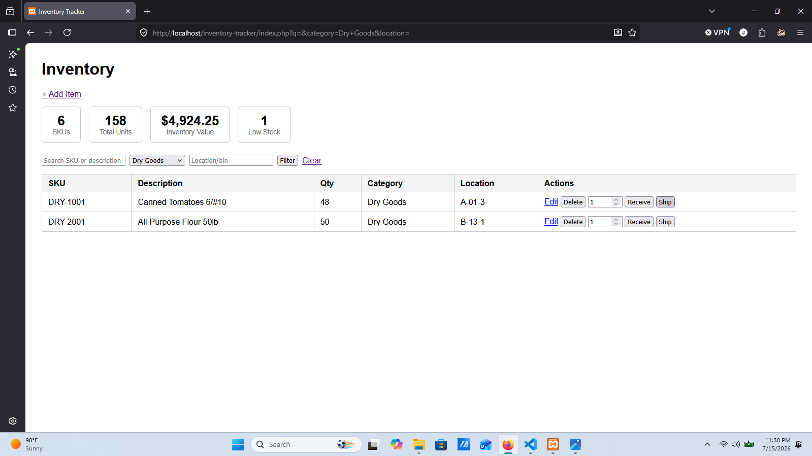 Inventory list filtered by the Dry Goods category using a dropdown selector, showing two matching results
